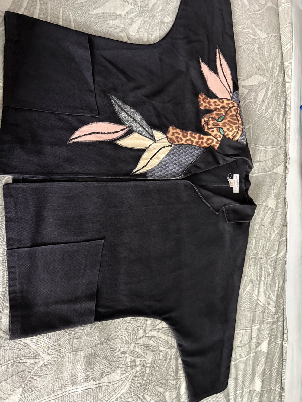 Black Top with Leopard & Leaf Applique